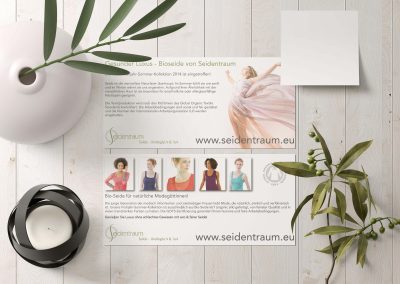 flyer lying on white wooden background with vase and branch